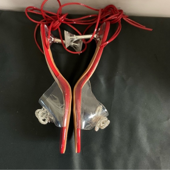 Square toe bow rhinestone clear lace up heels - Picture 3 of 7